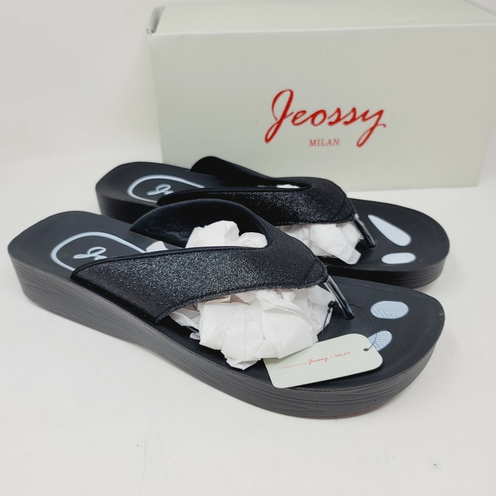 Jeossy Milan Women's Sandals 8-8.5 Metallic Black Thong Flip Flops